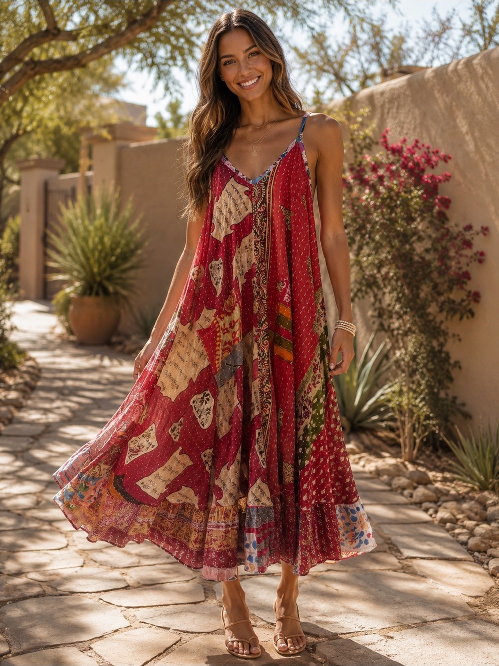 Boho Patchwork Maxi Dress in Rich Red made by Kantha s-xl
